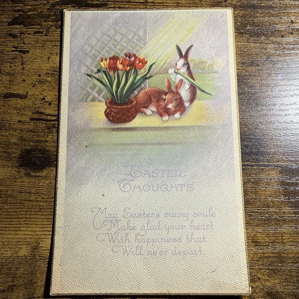 ANTIQUE Easter Poetry Postcard Bunny Rabbits Tulips Spring Poem USA Ephemera‎